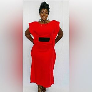 Women’s red sleeveless, body, pencil, dress, size, medium, and small black belt